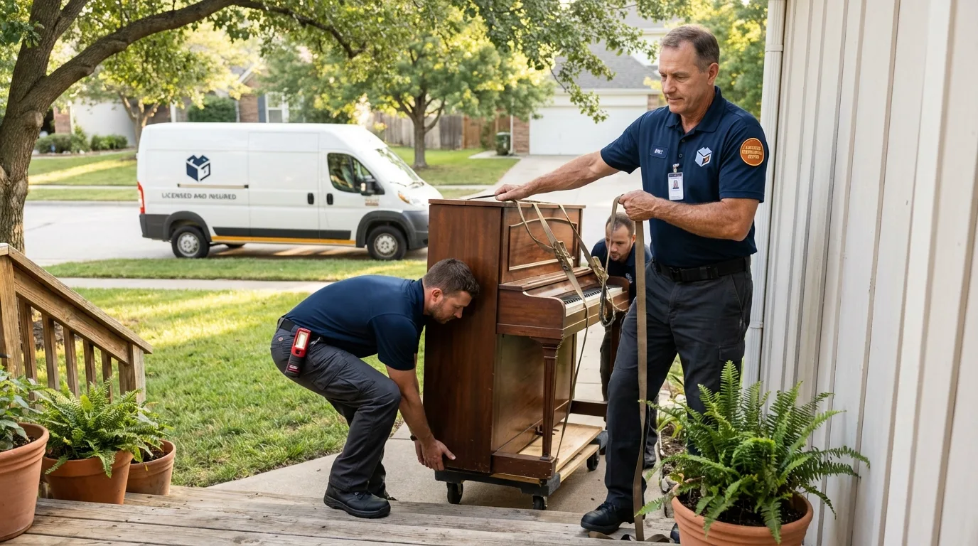 Licensed piano movers securing grand piano in Travelers Rest, SC