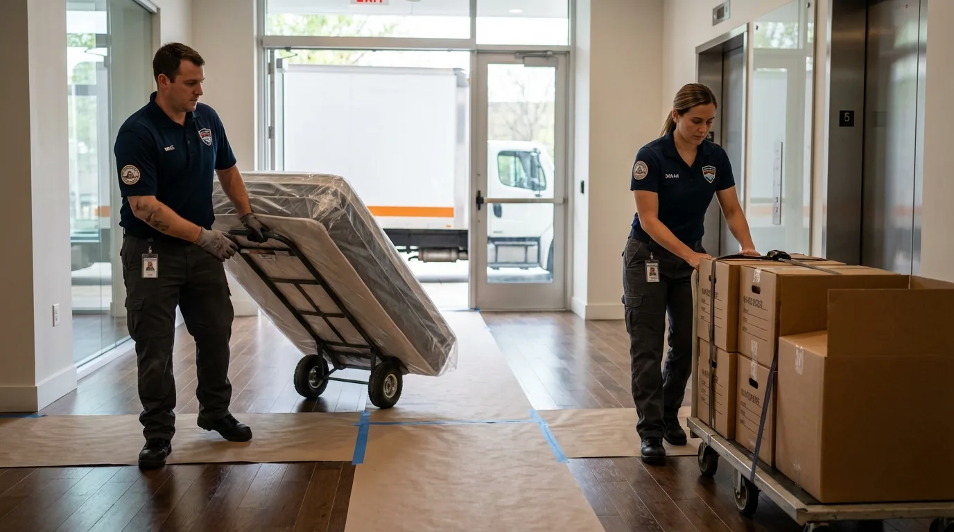 Professional apartment movers loading elevator in Travelers Rest, SC