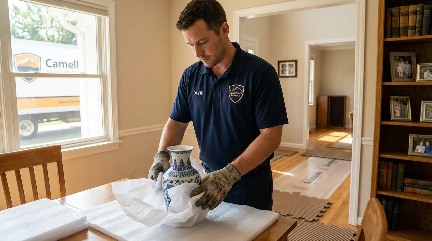 Professional crew carefully wrapping antique vase for senior downsizing move in Travelers Rest, SC